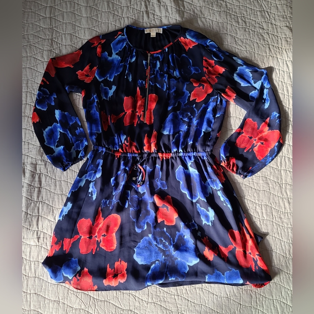 NWOT Michael Kors 1/4-Zip Front-Tie Long Sleeve Dress - Blue & Red, Size 14